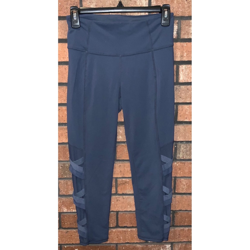 Athleta Navy Blue High Rise 7/8 Leggings Strappy Mesh Lattice Detail Size Small